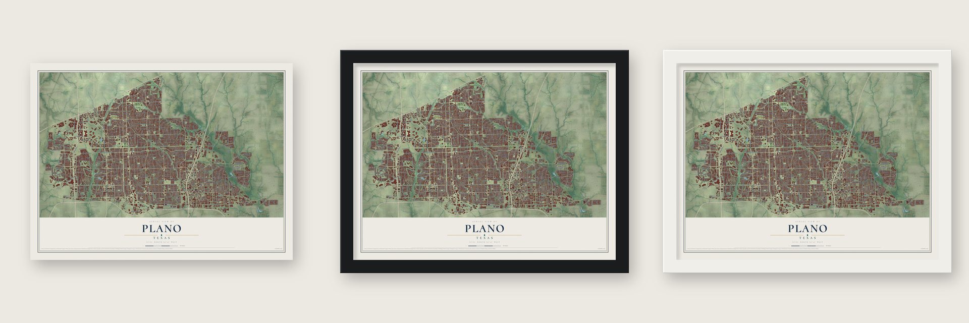 Plano, Texas map unframed, in a black wood frame and in a white wood frame