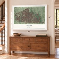 Plano, Texas map, 24 x 36 inch print in a white frame above a dresser by a staircase