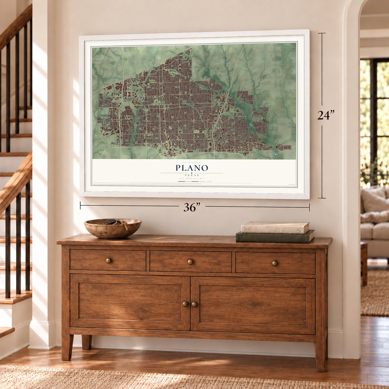 Plano, Texas map, 24 x 36 inch print in a white frame above a dresser by a staircase