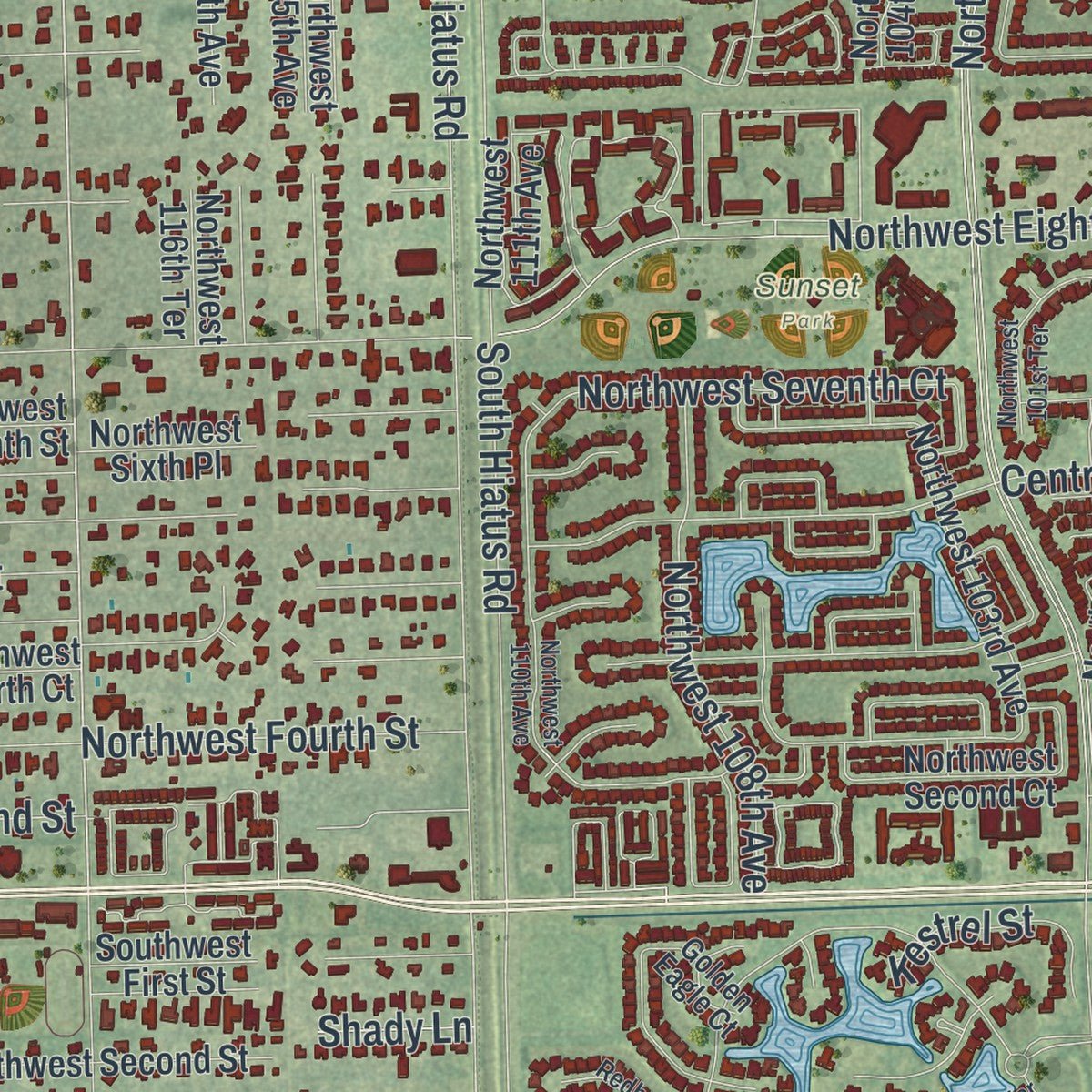 Second close-up of the map of Plantation, Florida print showing more streets and buildings