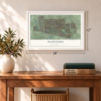 Plantation, Florida map, 12 x 18 inch print in a white frame in an entryway