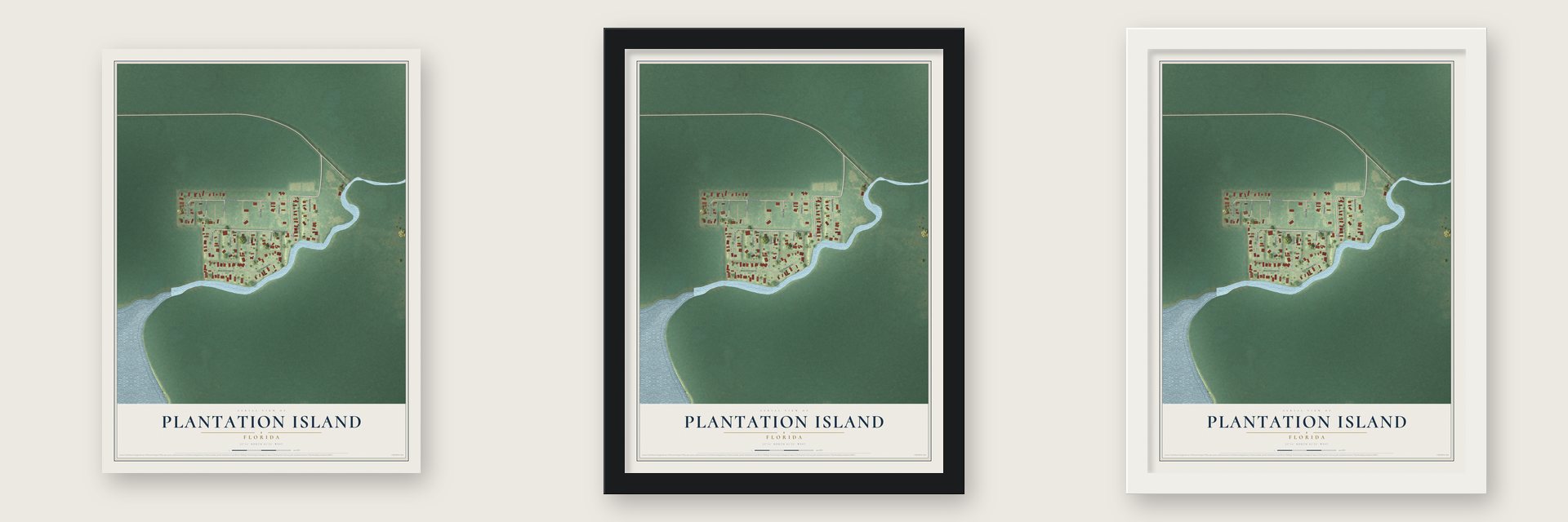 Plantation Island, Florida map unframed, in a black wood frame and in a white wood frame