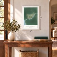 Plantation Island, Florida map, 12 x 18 inch print in a white frame in an entryway