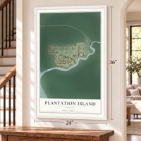 Plantation Island, Florida map, 24 x 36 inch print in a white frame by a staircase