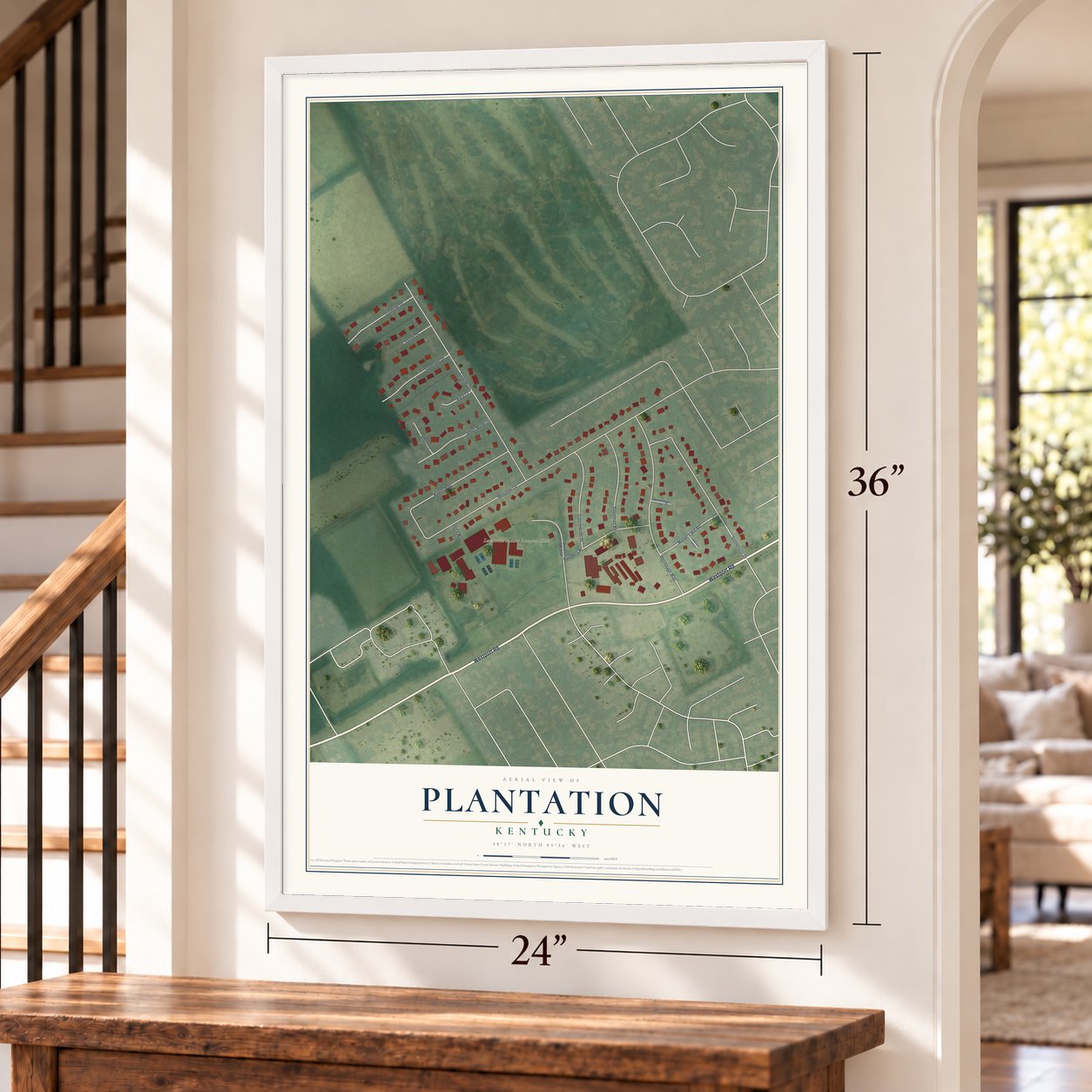 Plantation, Kentucky map, 24 x 36 inch print in a white frame by a staircase
