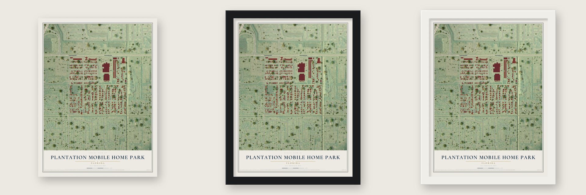 Plantation Mobile Home Park, Florida map unframed, in a black wood frame and in a white wood frame
