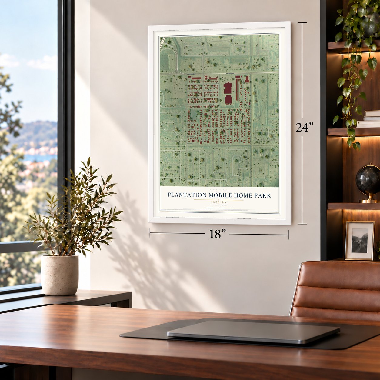 Plantation Mobile Home Park, Florida map, 18 x 24 inch print in a white frame in a home office