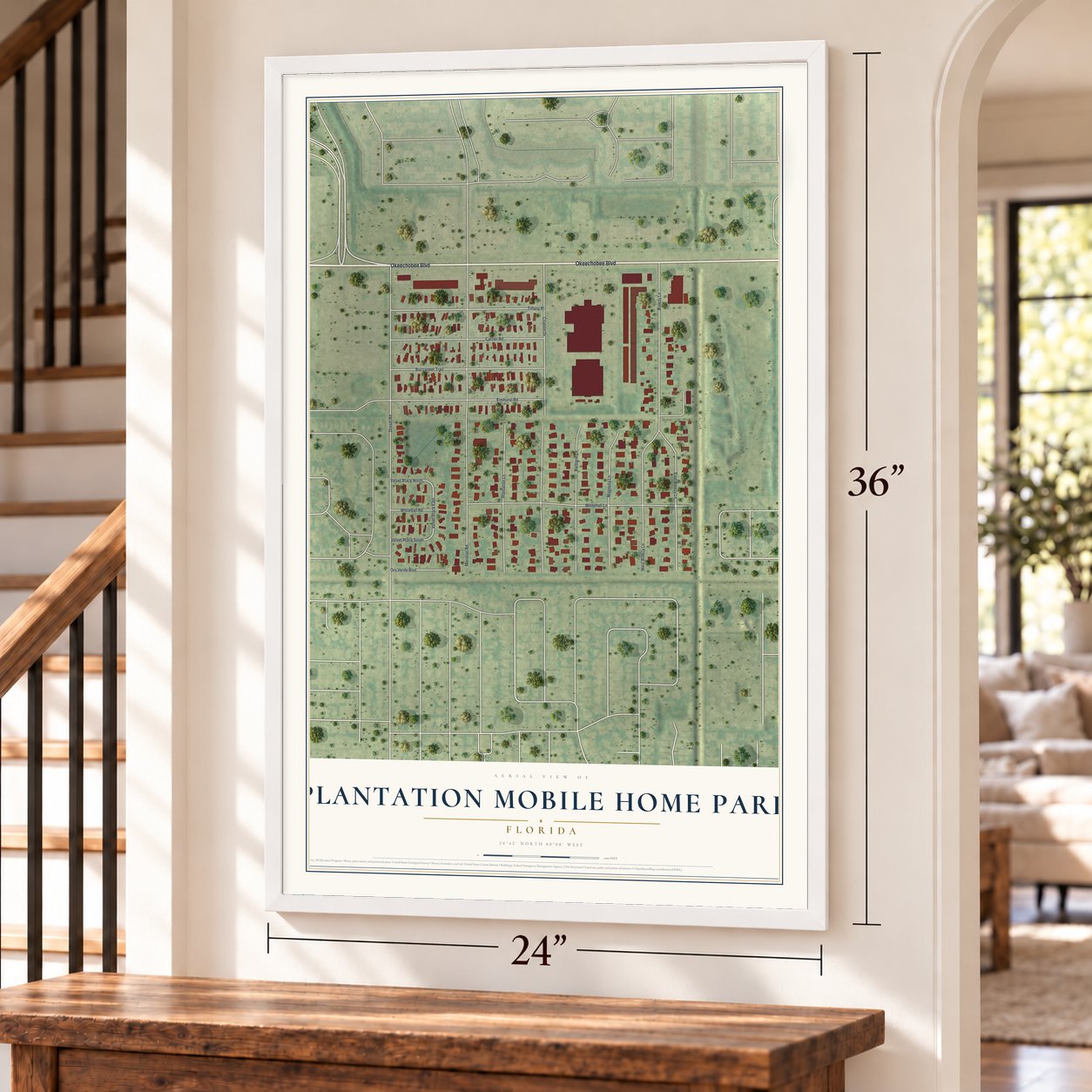 Plantation Mobile Home Park, Florida map, 24 x 36 inch print in a white frame by a staircase