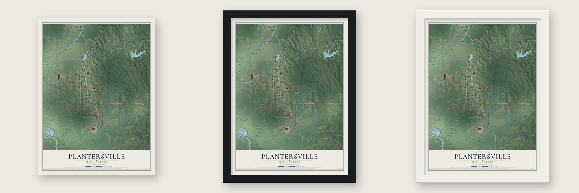 Plantersville, Mississippi map unframed, in a black wood frame and in a white wood frame