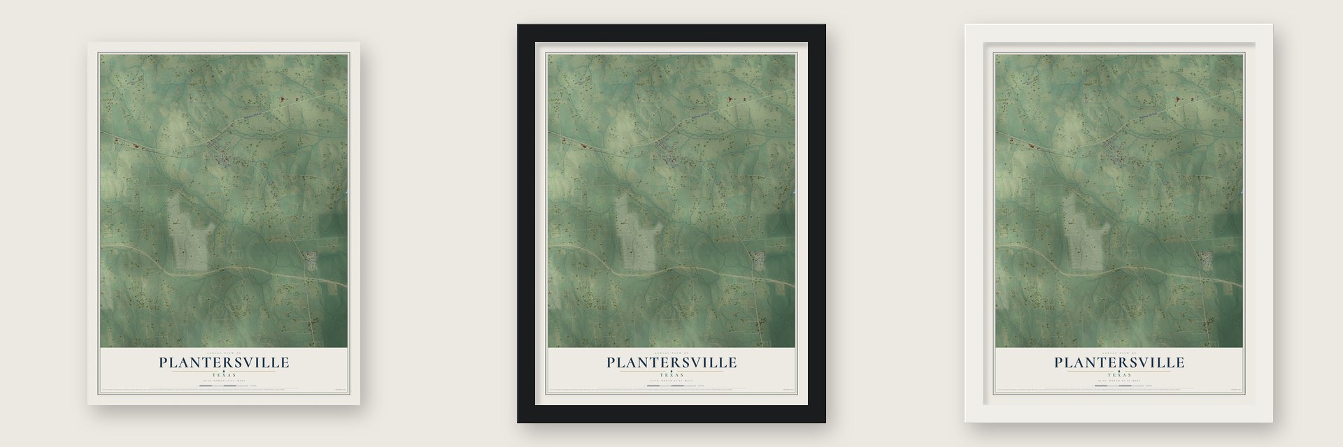 Plantersville, Texas map unframed, in a black wood frame and in a white wood frame