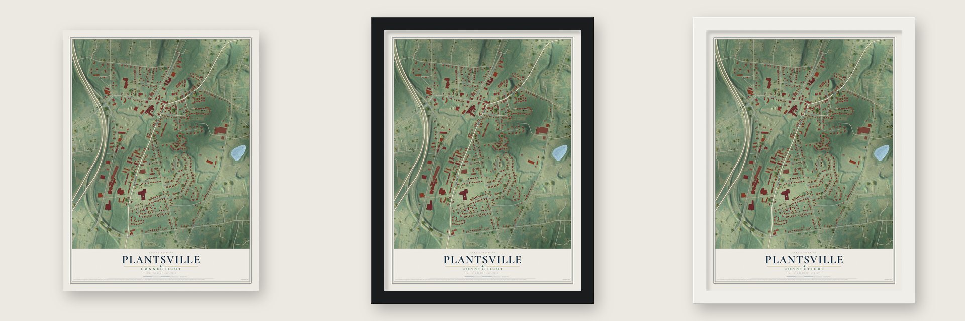 Plantsville, Connecticut map unframed, in a black wood frame and in a white wood frame