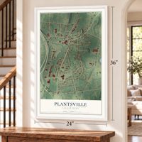 Plantsville, Connecticut map, 24 x 36 inch print in a white frame by a staircase