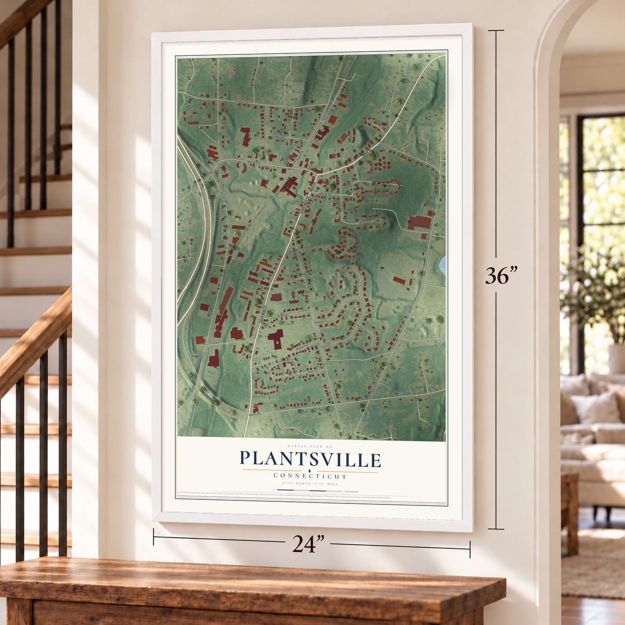 Plantsville, Connecticut map, 24 x 36 inch print in a white frame by a staircase