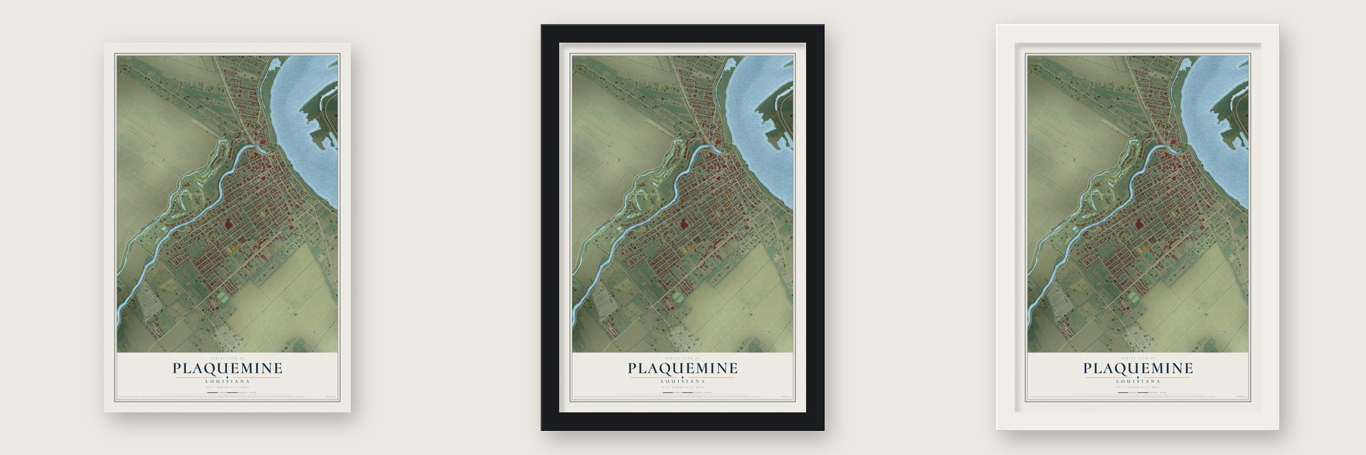 Plaquemine, Louisiana map unframed, in a black wood frame and in a white wood frame