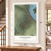 Plaquemine, Louisiana map, 24 x 36 inch print in a white frame by a staircase