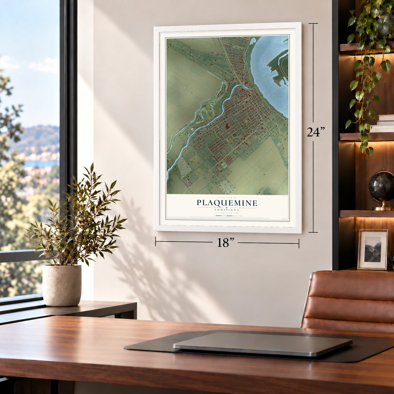 Plaquemine, Louisiana map, 18 x 24 inch print in a white frame in a home office