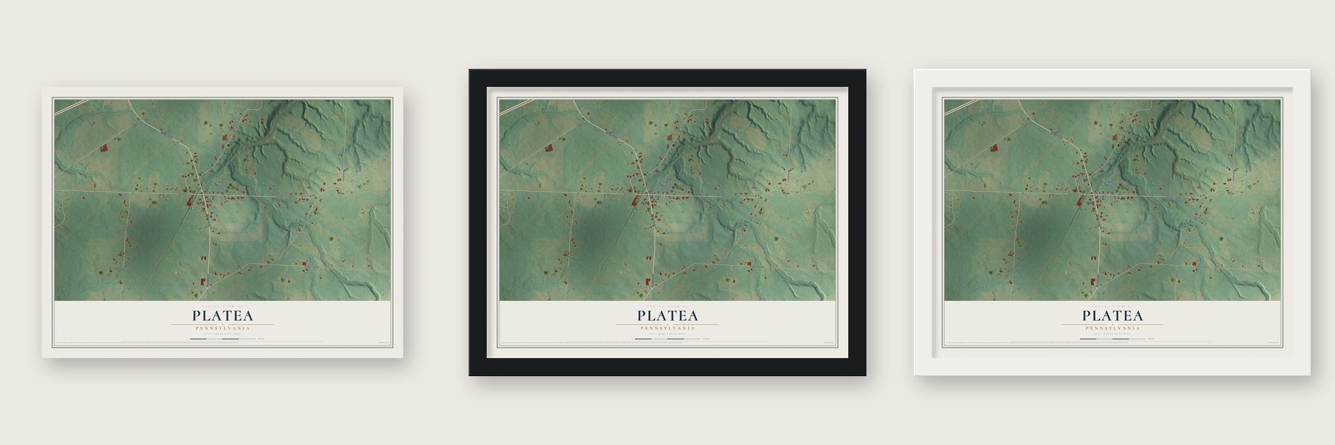 Platea, Pennsylvania map unframed, in a black wood frame and in a white wood frame