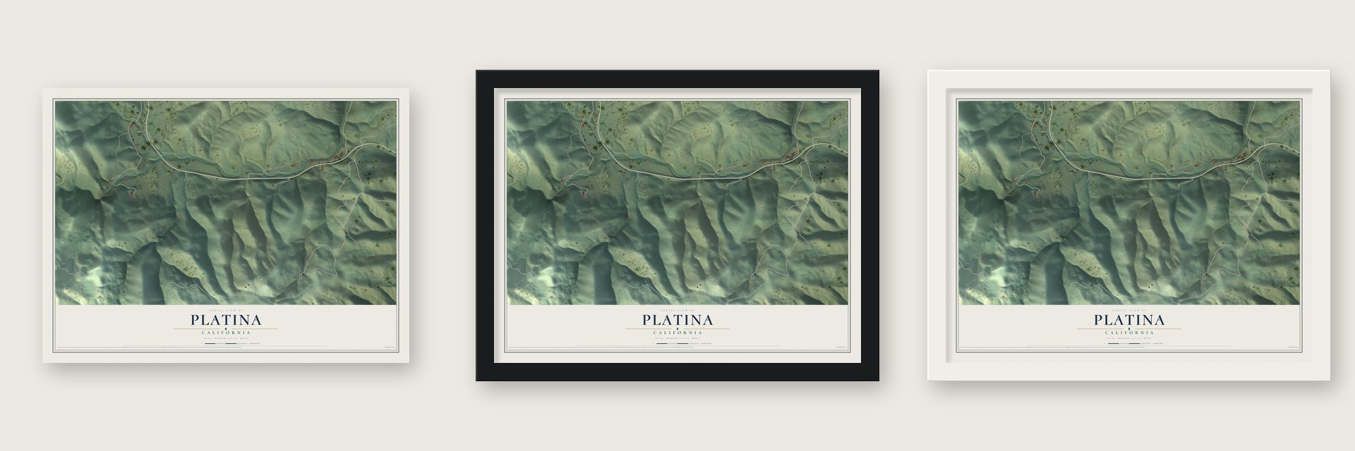 Platina, California map unframed, in a black wood frame and in a white wood frame