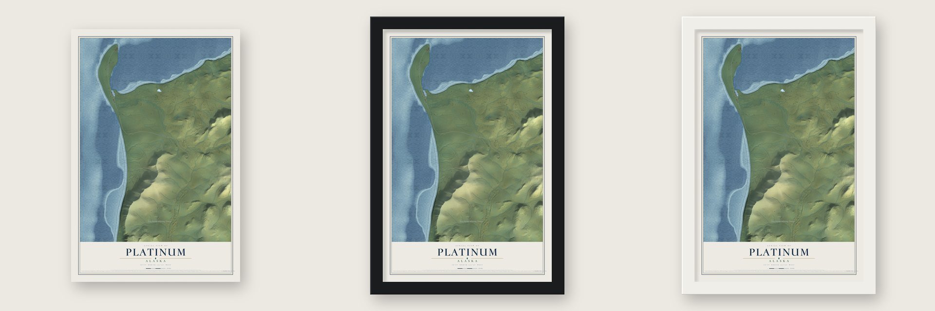 Platinum, Alaska map unframed, in a black wood frame and in a white wood frame