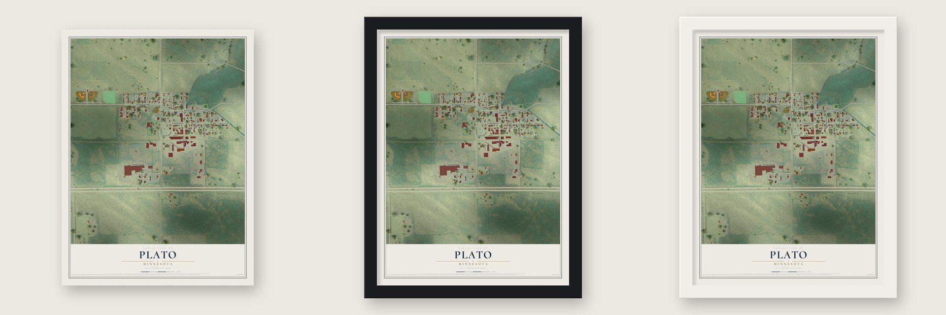 Plato, Minnesota map unframed, in a black wood frame and in a white wood frame