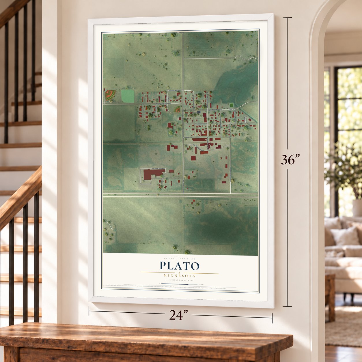 Plato, Minnesota map, 24 x 36 inch print in a white frame by a staircase