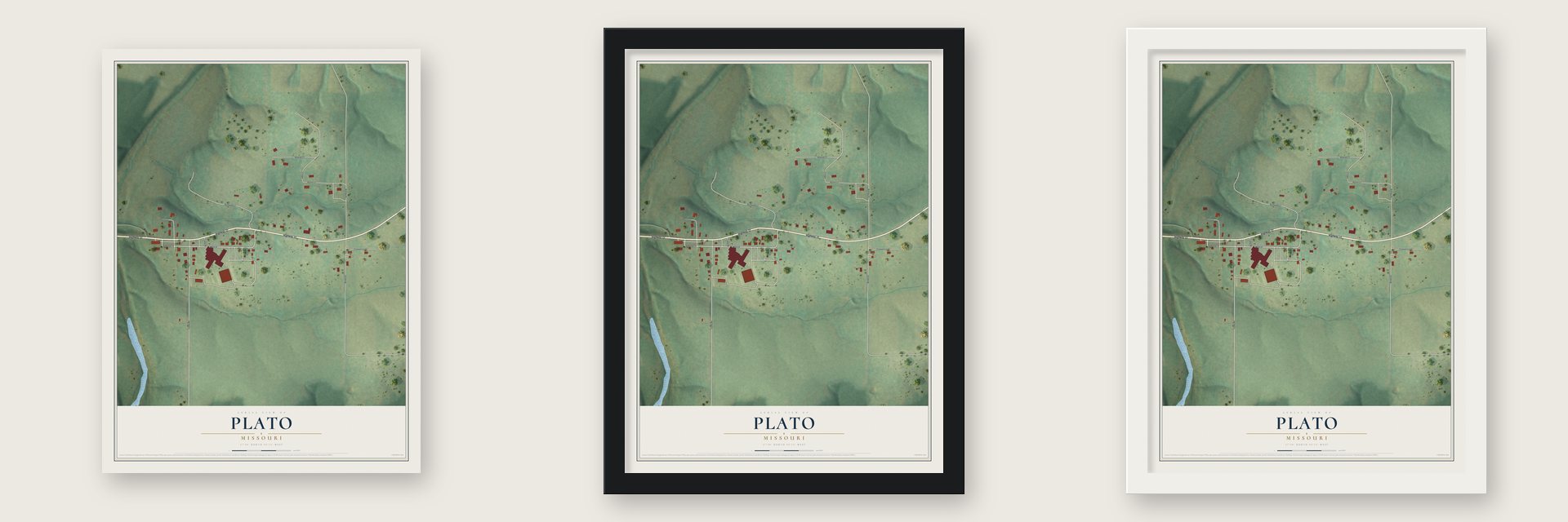 Plato, Missouri map unframed, in a black wood frame and in a white wood frame