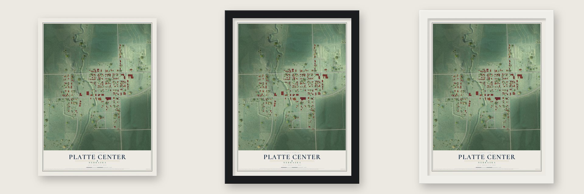 Platte Center, Nebraska map unframed, in a black wood frame and in a white wood frame