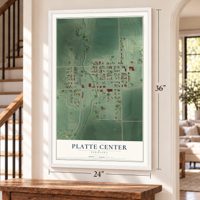 Platte Center, Nebraska map, 24 x 36 inch print in a white frame by a staircase