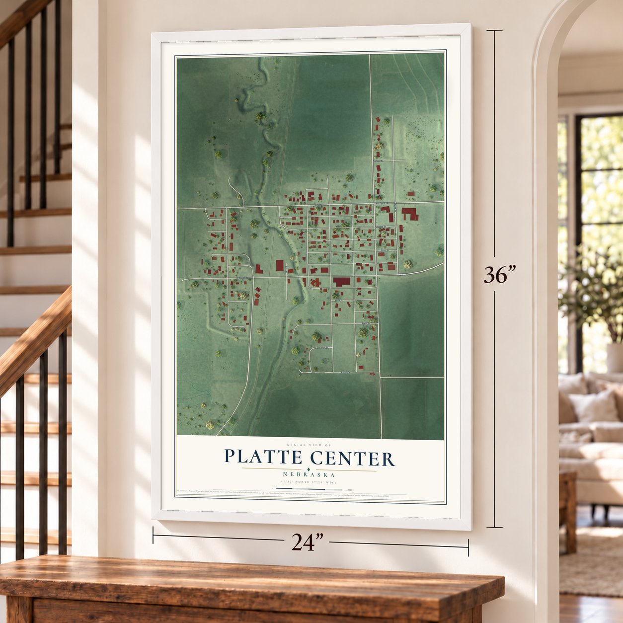 Platte Center, Nebraska map, 24 x 36 inch print in a white frame by a staircase