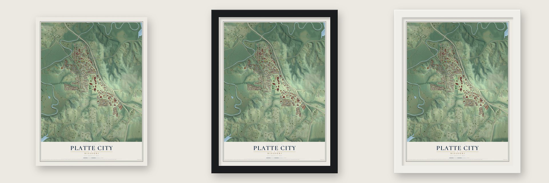 Platte City, Missouri map unframed, in a black wood frame and in a white wood frame