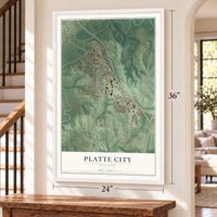 Platte City, Missouri map, 24 x 36 inch print in a white frame by a staircase