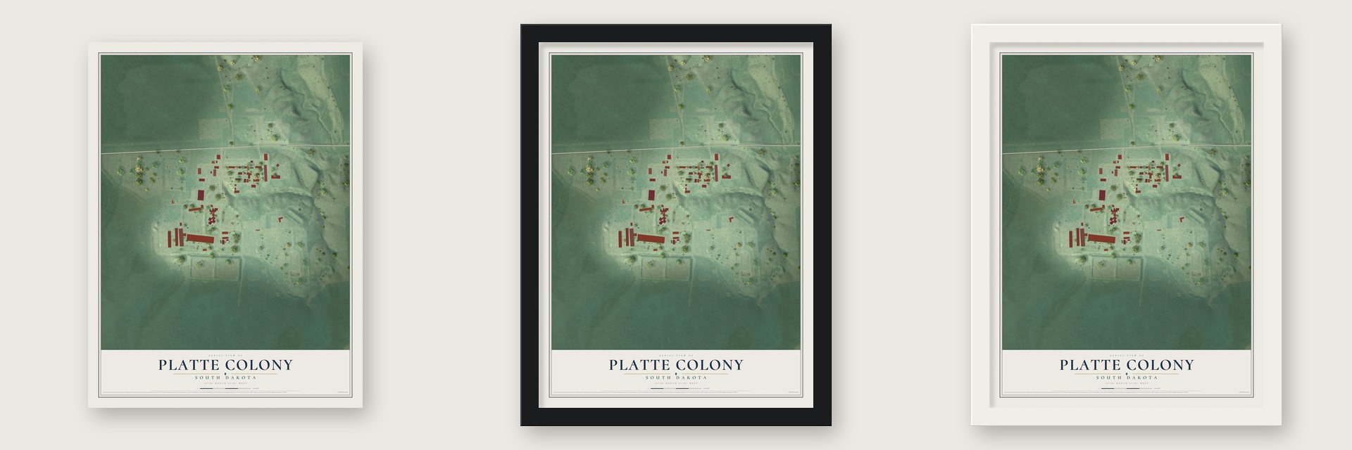 Platte Colony, South Dakota map unframed, in a black wood frame and in a white wood frame