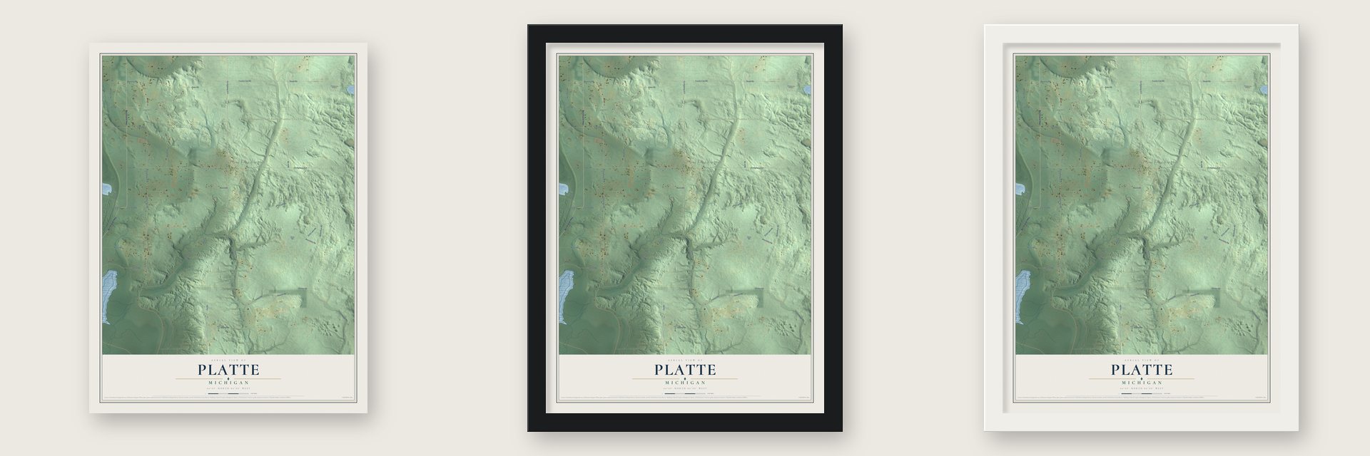 Platte, Michigan map unframed, in a black wood frame and in a white wood frame