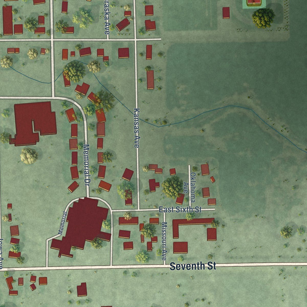 Second close-up of the map of Platte, South Dakota print showing more streets and buildings