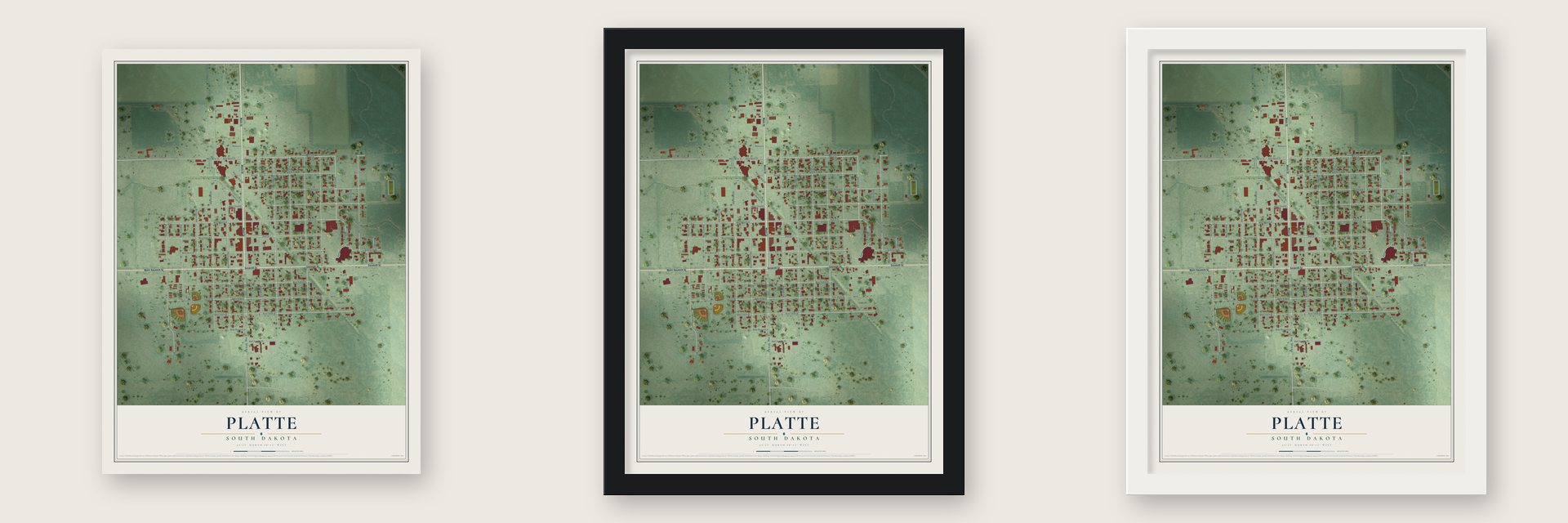 Platte, South Dakota map unframed, in a black wood frame and in a white wood frame