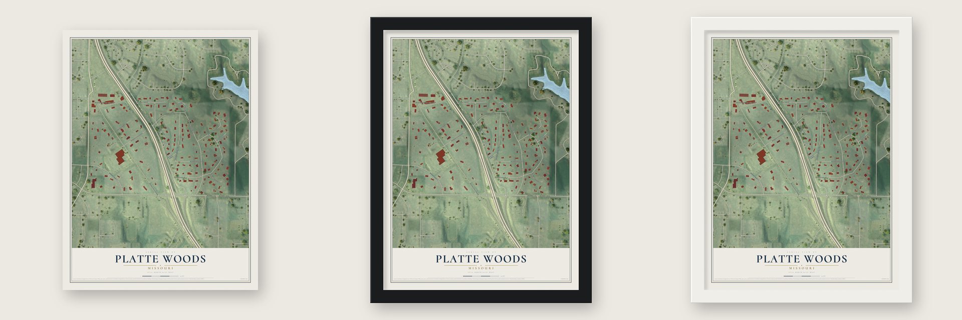 Platte Woods, Missouri map unframed, in a black wood frame and in a white wood frame