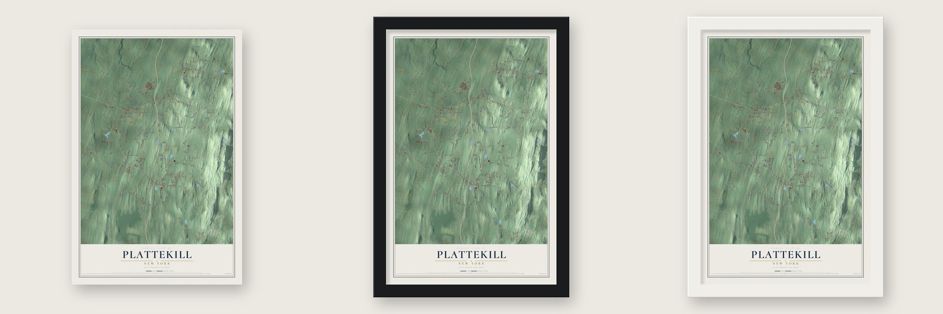 Plattekill, New York map unframed, in a black wood frame and in a white wood frame