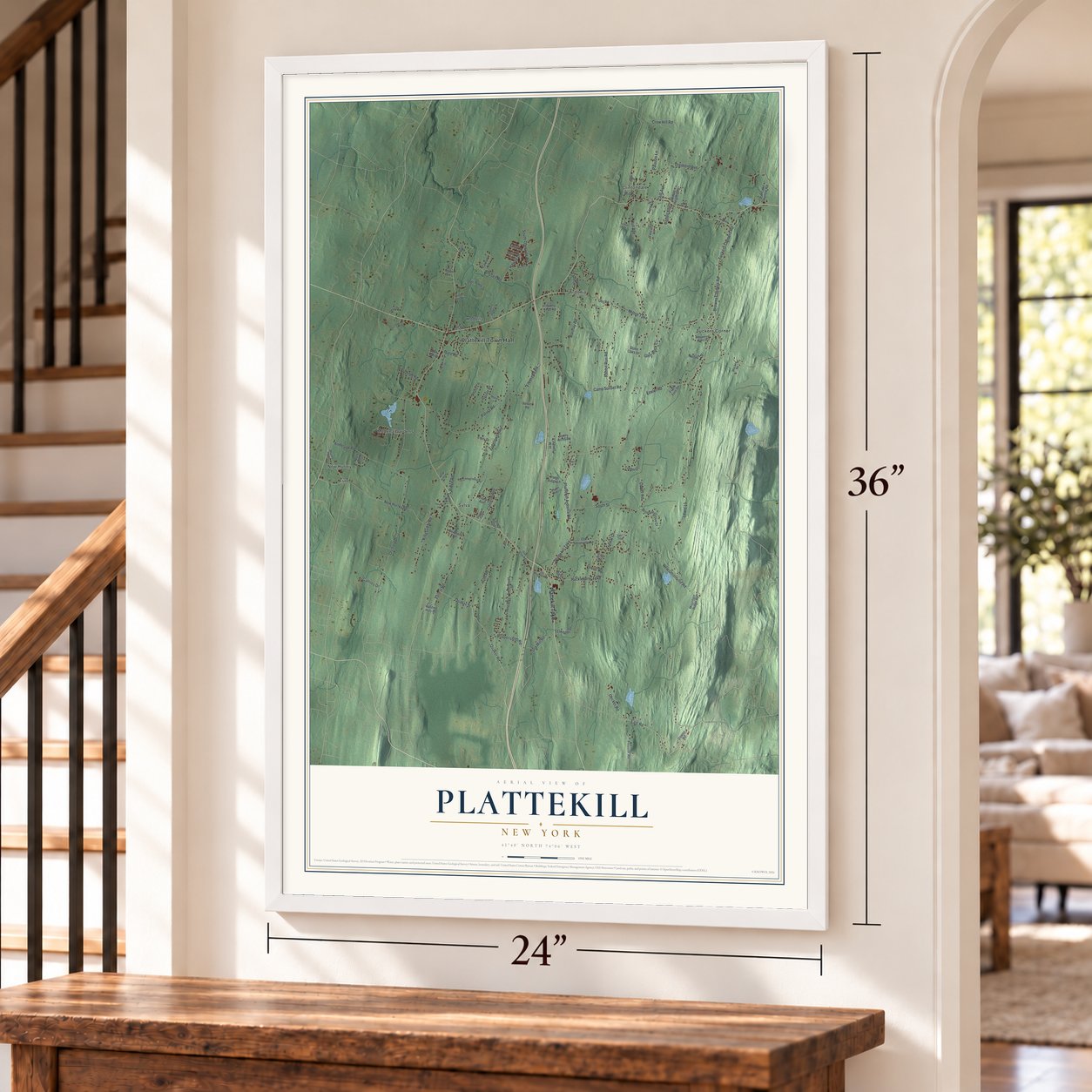 Plattekill, New York map, 24 x 36 inch print in a white frame by a staircase