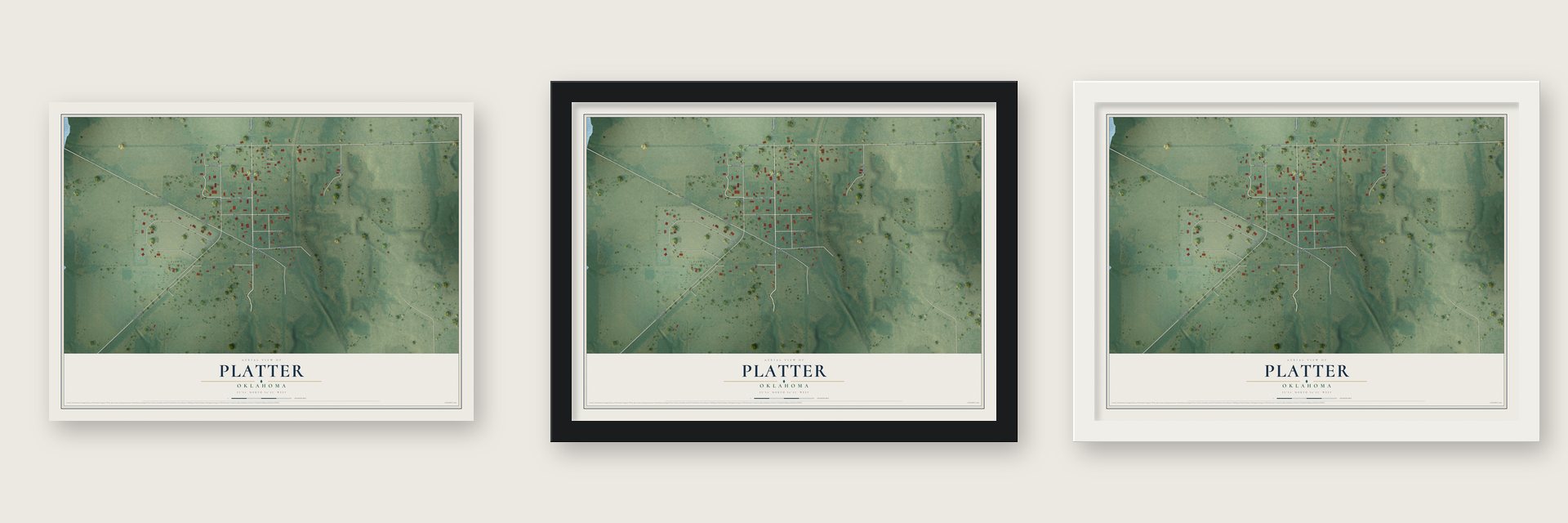 Platter, Oklahoma map unframed, in a black wood frame and in a white wood frame