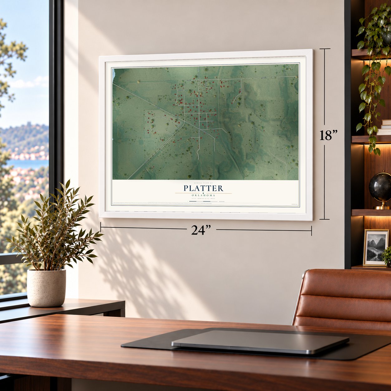 Platter, Oklahoma map, 18 x 24 inch print in a white frame in a home office