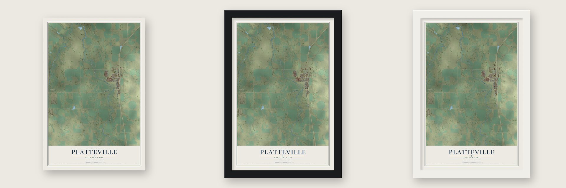 Platteville, Colorado map unframed, in a black wood frame and in a white wood frame