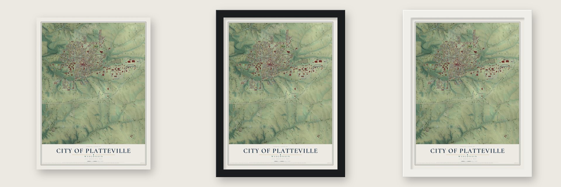 Platteville, Wisconsin map unframed, in a black wood frame and in a white wood frame