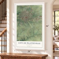 Platteville, Wisconsin map, 24 x 36 inch print in a white frame by a staircase