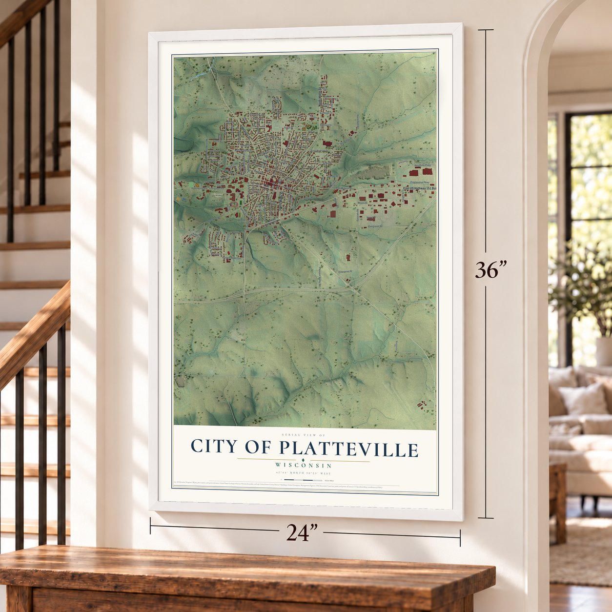 Platteville, Wisconsin map, 24 x 36 inch print in a white frame by a staircase