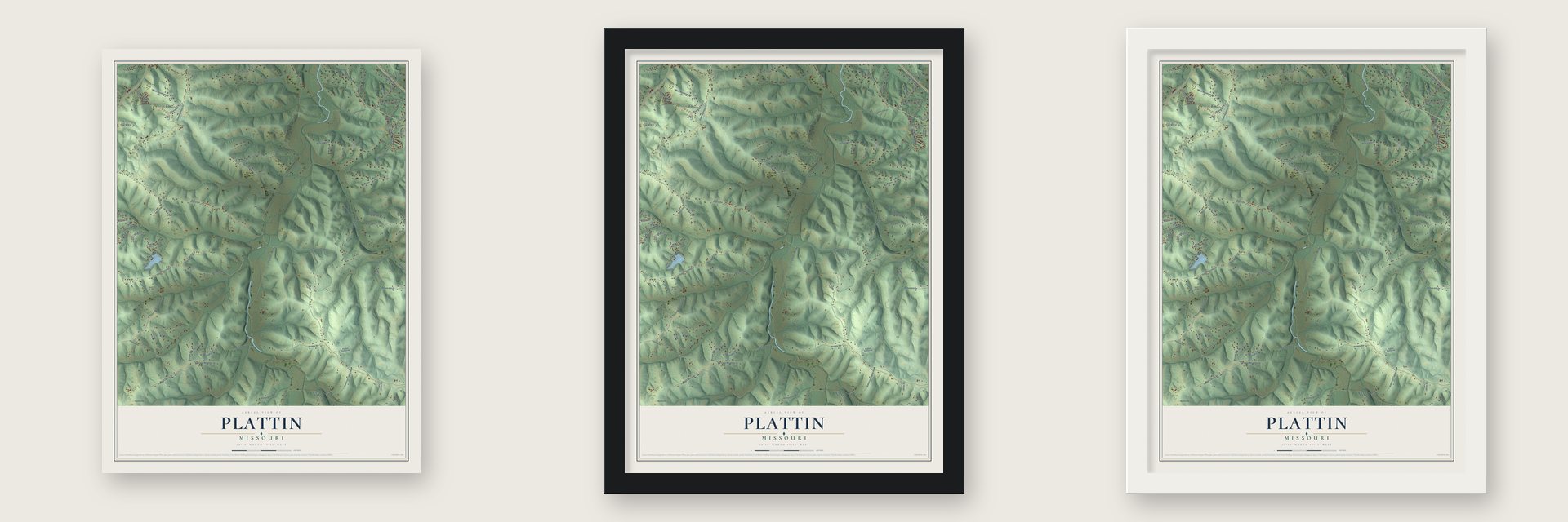 Plattin, Missouri map unframed, in a black wood frame and in a white wood frame