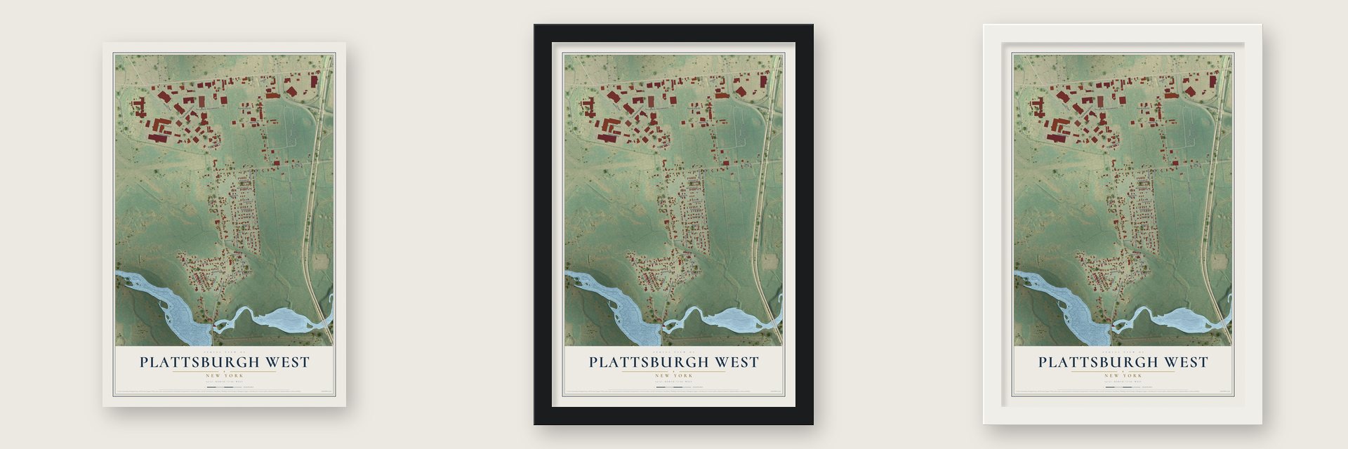 Plattsburgh West, New York map unframed, in a black wood frame and in a white wood frame