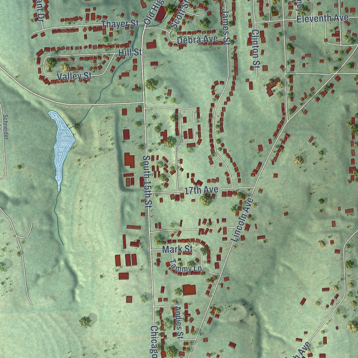 Second close-up of the map of Plattsmouth, Nebraska print showing more streets and buildings