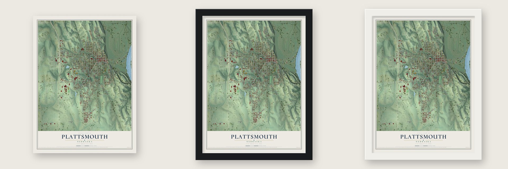 Plattsmouth, Nebraska map unframed, in a black wood frame and in a white wood frame