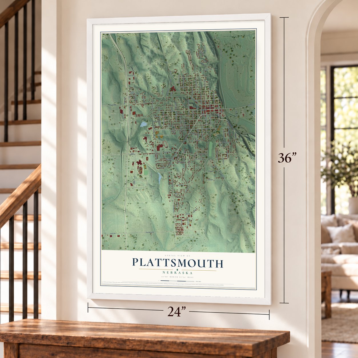 Plattsmouth, Nebraska map, 24 x 36 inch print in a white frame by a staircase