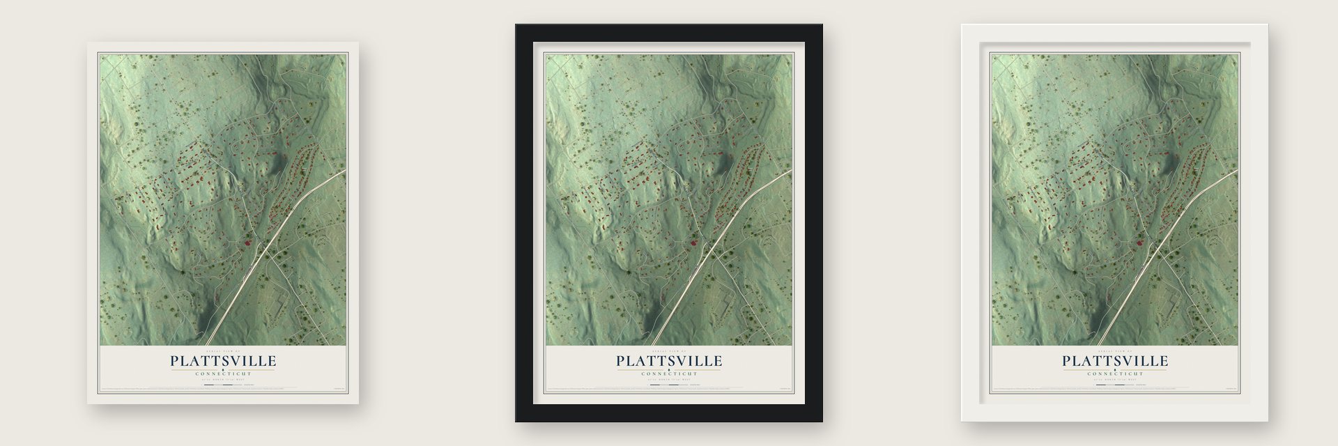 Plattsville, Connecticut map unframed, in a black wood frame and in a white wood frame